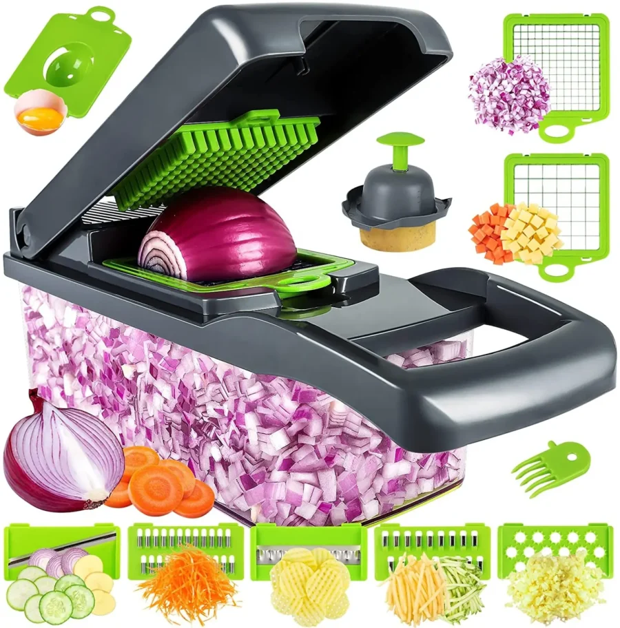 16 in 1 Multifunctional Handheld Onion Cutter Fruits Slicer Potatoes Press Peeler Manual Vegetable Garlic Chopper With Container - Image 8