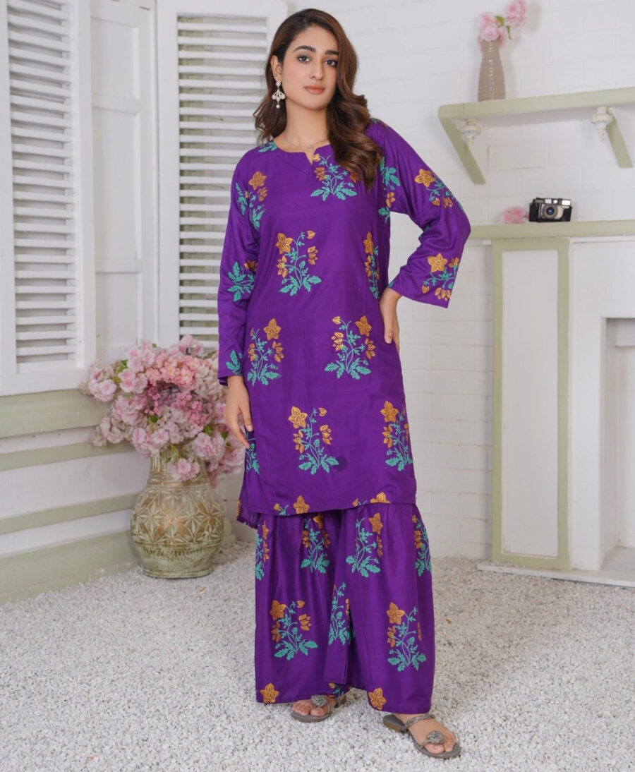 Lilen Block Flower Print 2pc Suit Shararah style - Image 22