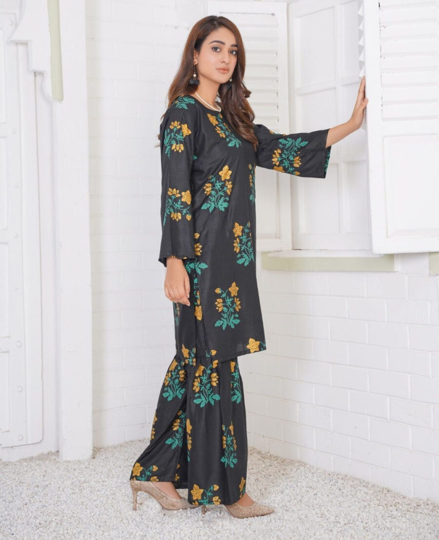 Lilen Block Flower Print 2pc Suit Shararah style - Image 28