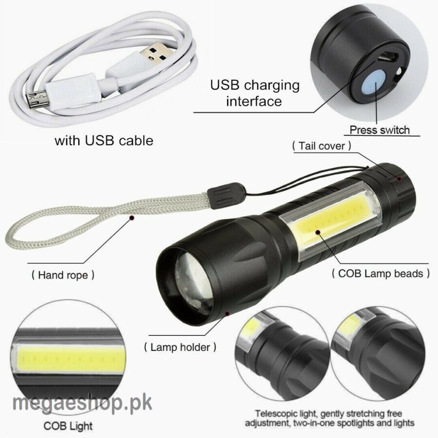 USB Charging XPE+COB LED Flashlight Lamp Torch With Clip Three Mode Zoomable Led flash light torch tail clip and cable - Image 4