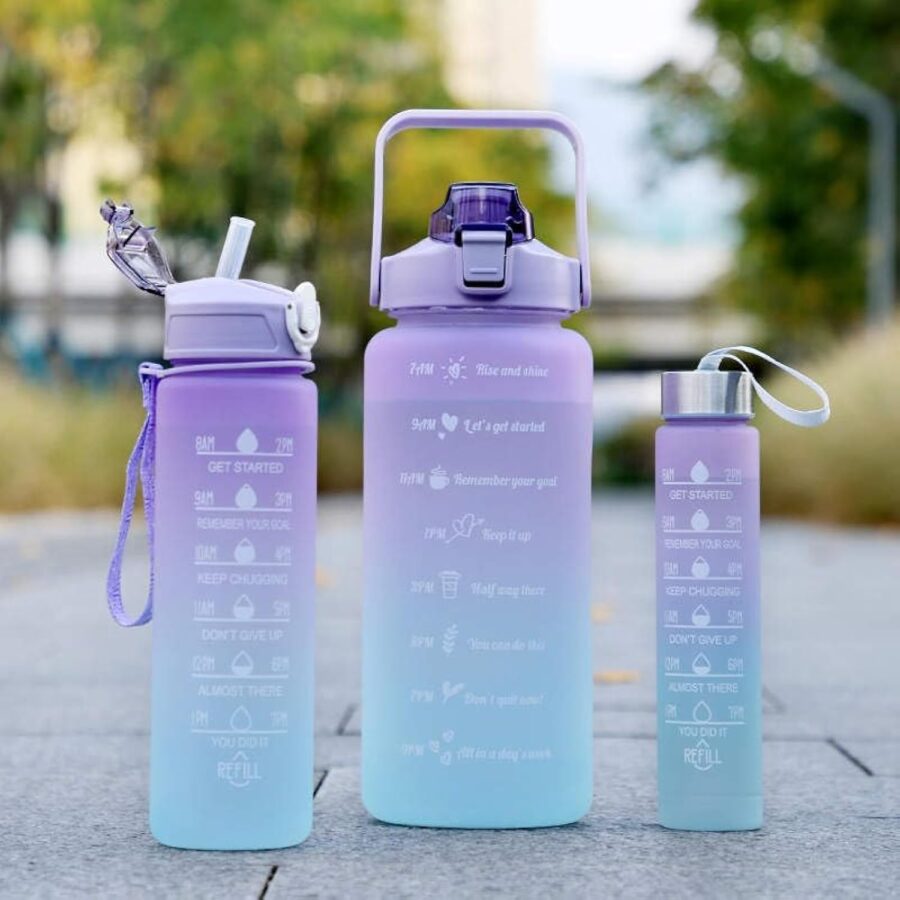 Sports Water Bottles 3 Pcs Set with Motivational Time Marker & Leak Proof Flip Top Lid  (random color)