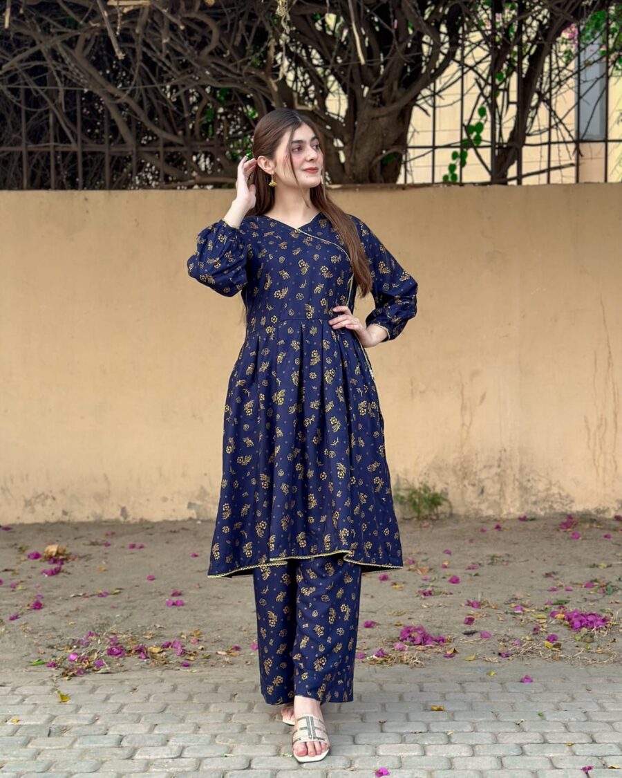 small flower printed suit pcs Stitched Suit Stone Winter linen Suit WINTER COLLECTION (blue) - Image 3