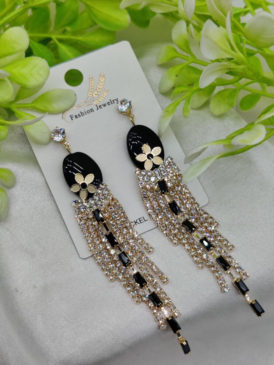 Imported Glamorous Long Tassel Earrings with Black and Crystal | Luxury Look Earrings | Girls Earrings | Women Earrings - Image 3