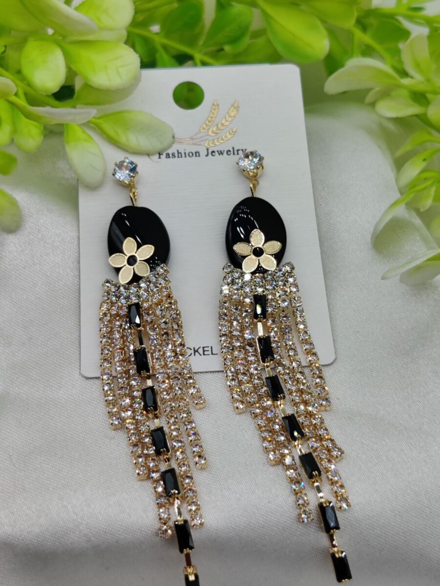 Imported Glamorous Long Tassel Earrings with Black and Crystal | Luxury Look Earrings | Girls Earrings | Women Earrings - Image 2