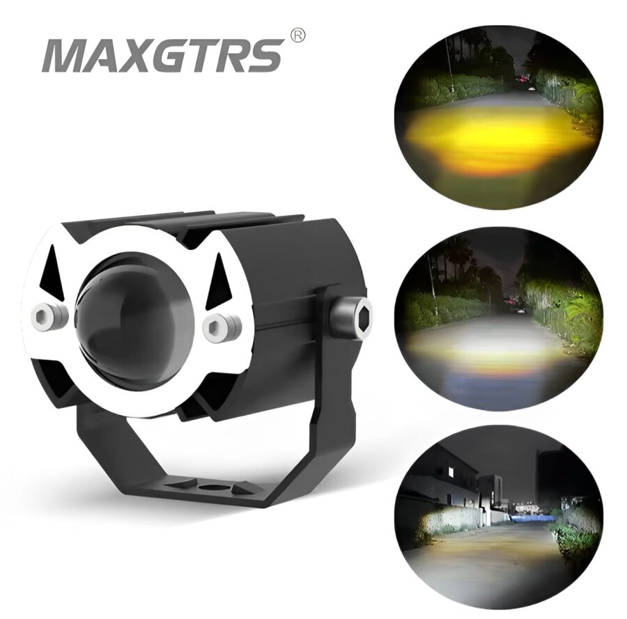 MAXGTRS Motorcycle Led Headlight Mini Projector Lens Tri-model Driving Auxiliary Scooter Spotlamp