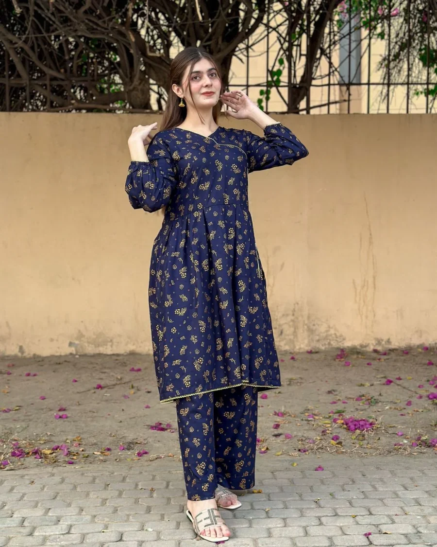 small flower printed suit pcs Stitched Suit Stone Winter linen Suit WINTER COLLECTION (blue) - Image 7